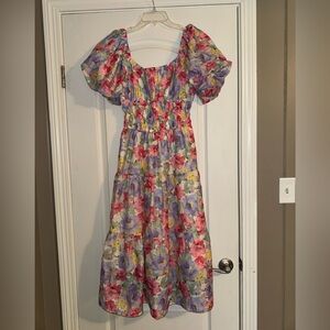Pinch colorful floral tiered midi dress with puff sleeves